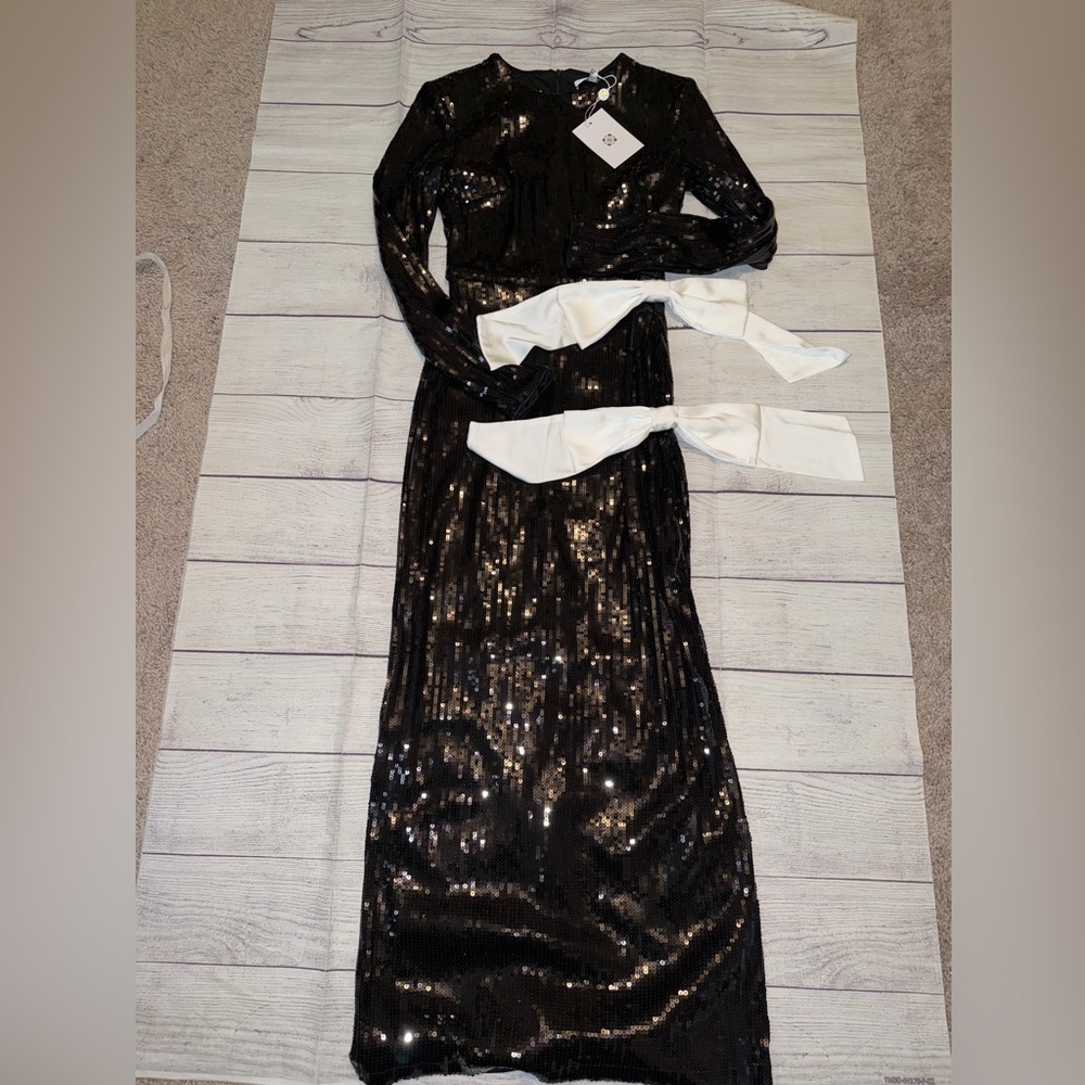 NWT Women's Wayf Black Sequin Dress with White Bows